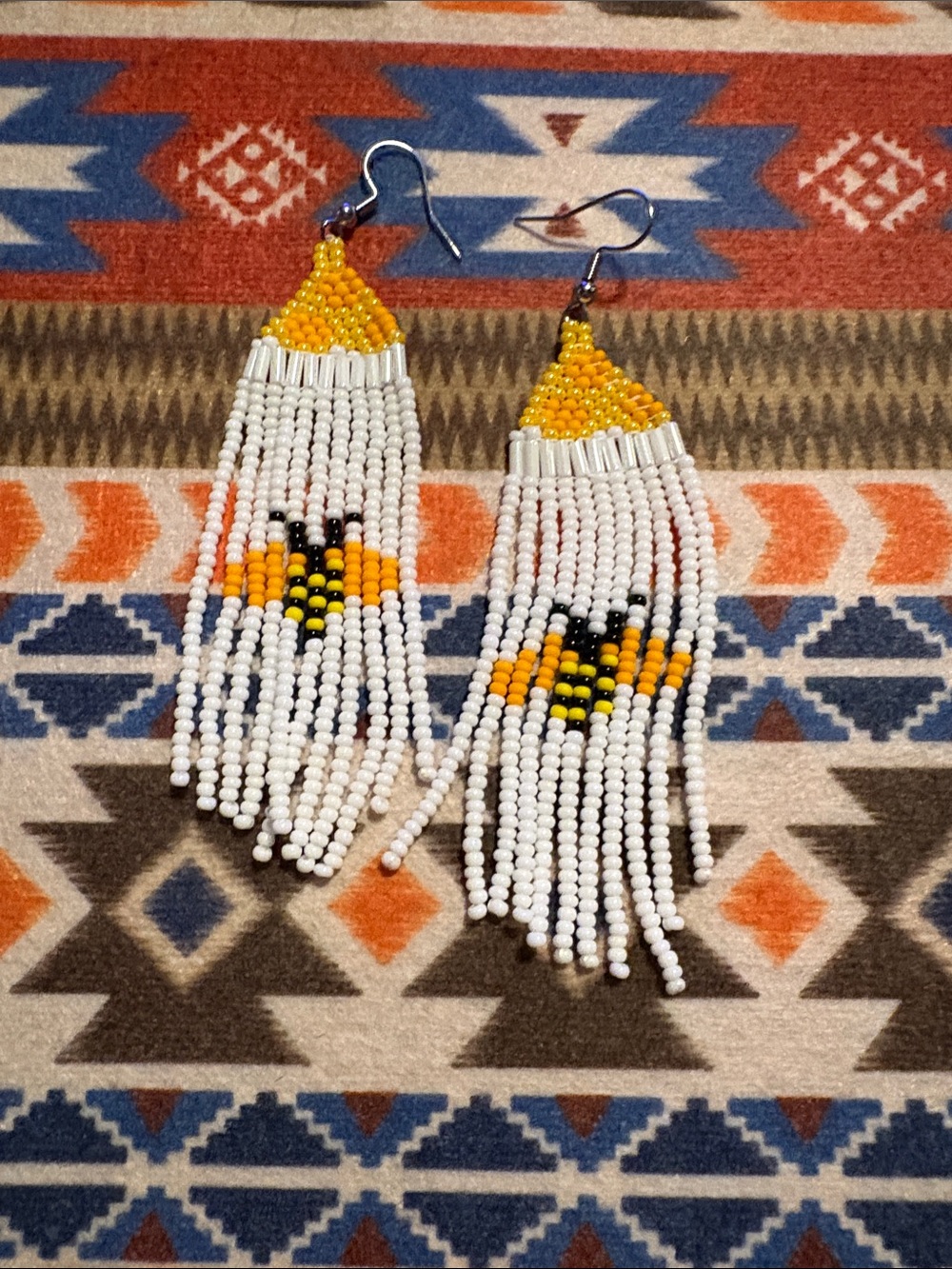 Yellow and White Beaded Fringe Earrings with Black Accent